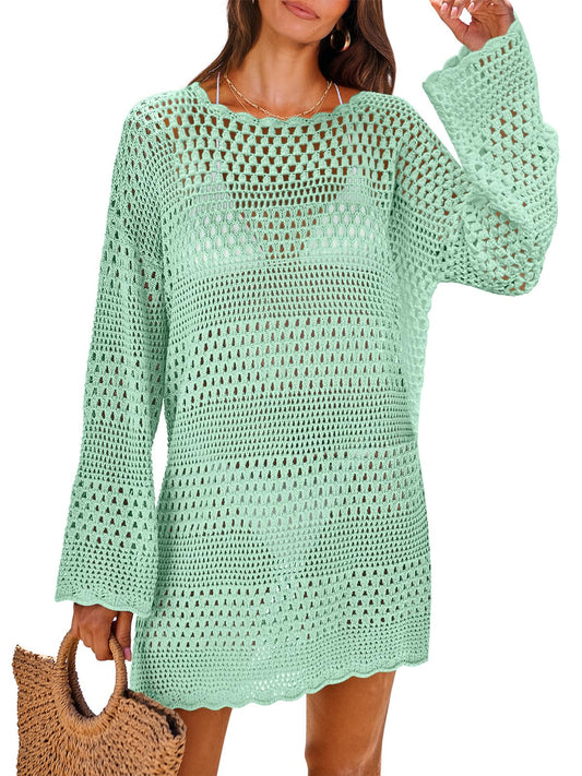 ANRABESS Women Swimsuit Crochet Swim Cover Up 2024 Summer Bathing Suit Swimwear Mesh Knit Beach Dress Vacation Outfits Light Green Small