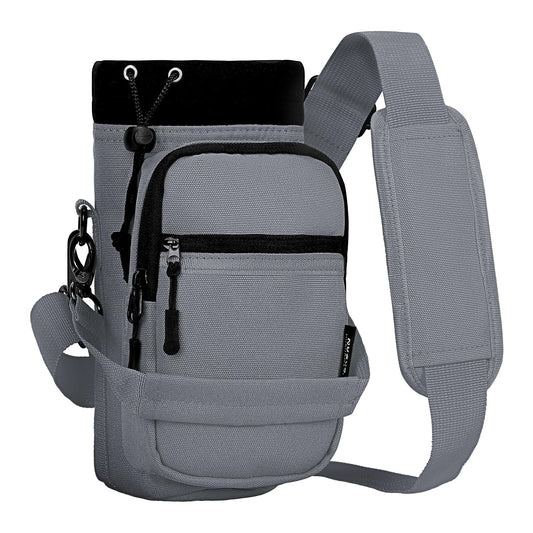 Nuovoware Water Bottle Carrier, 40oz Bottle Carrier Sports Water Bottle Holder with Adjustable Shoulder Strap, 2 Pockets Flask Sling Bag Drawstring Pouch for Hiking, Gray