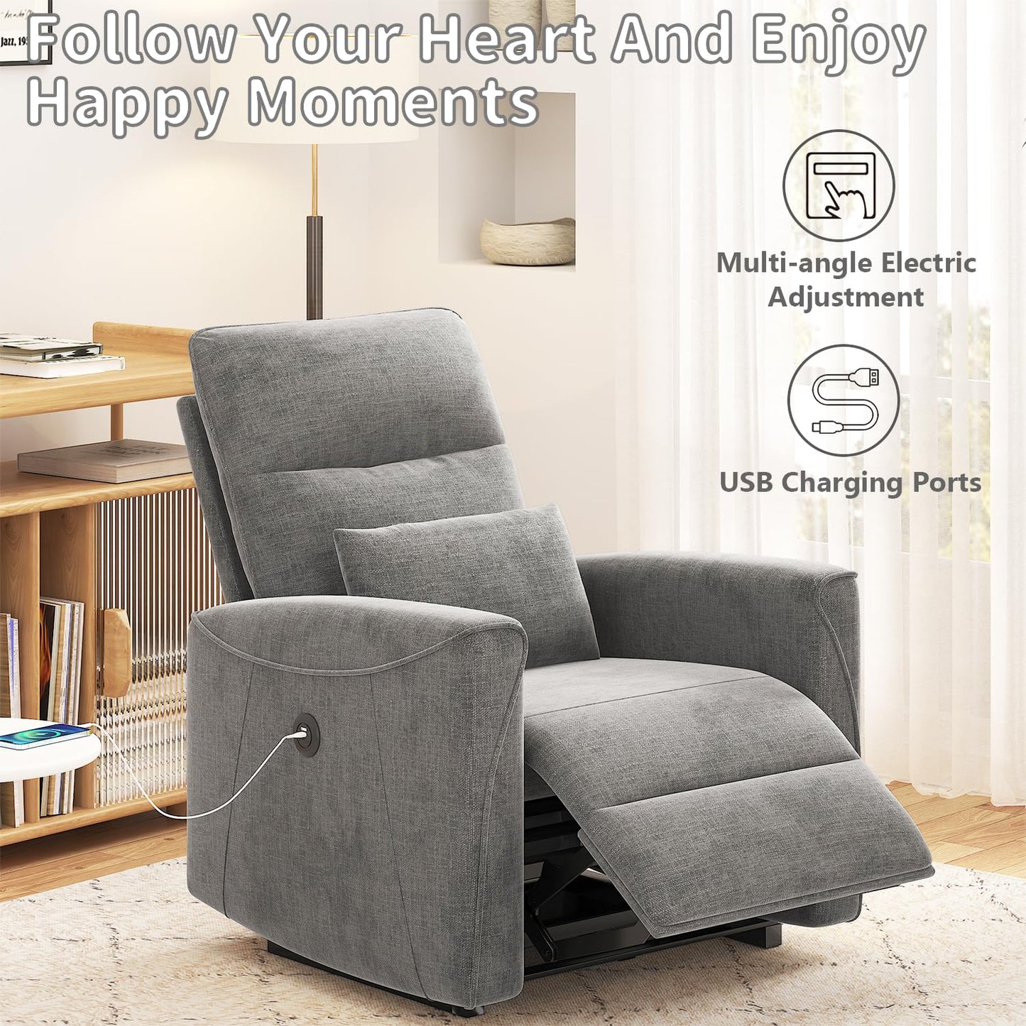 MECHYIN Power Recliner Chair for Adults, Reclining Sofa Chair, Adjustable Home Theater Seating Lounge with Lumbar Support, Small Recliners for Living Room with Charging Ports (Lividity)