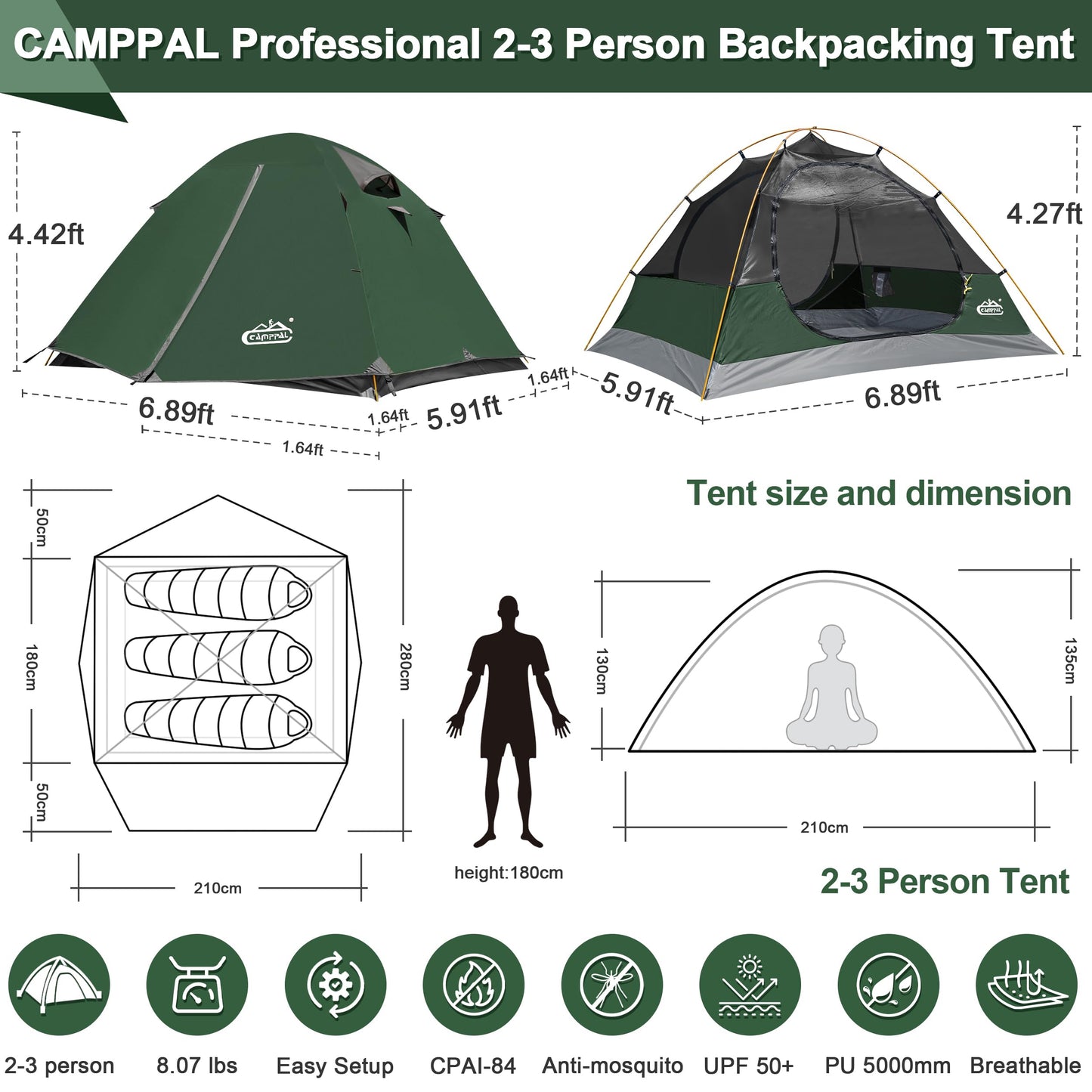 Camppal 2-3 Person Backpacking Tent, Waterproof Windproof 4 Season Tent for Camping, Easy Setup 2 Person Tent for Backpacking, Hiking, Hunting, Motor Cycling & Biking