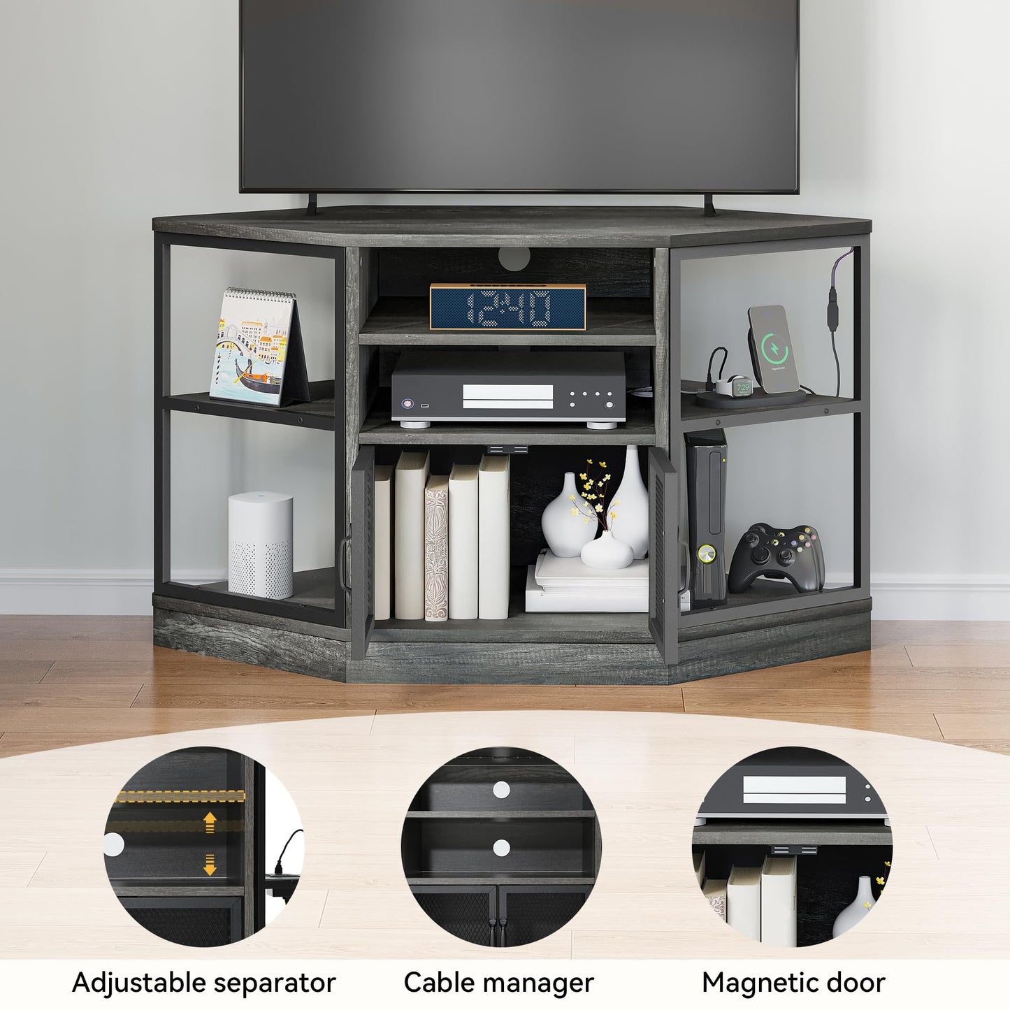 DWVO Corner TV Stands, Corner Entertainment Center, TV Cabinet with Power Outlet, LED Light Strip and Adujustable Shelf, Space Saver Hexagon Small TV Consoles for Living Room, Dark Grey