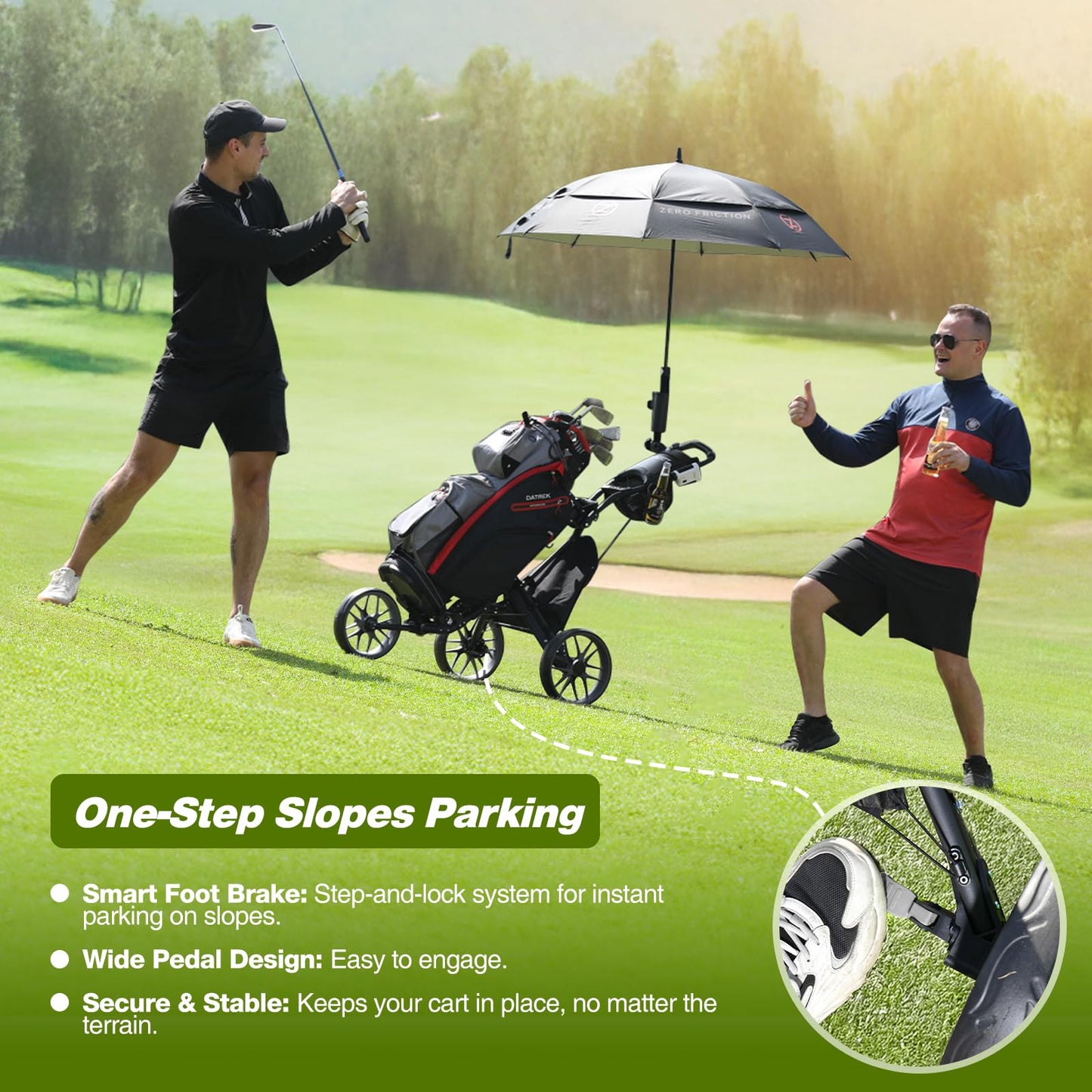 Tedycatt 3 Wheel Golf Push Cart: Lightweight Golf Walking Cart, Compact Folding Golf Trolley, with Phone Holder, Brake, Cup, Umbrella Holder, Cooler, Gray