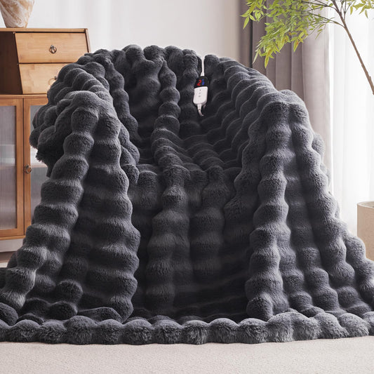 Anysay Heated Blanket Throw with 6 Hours Auto-Off 10 Heat Level, 62'' * 84'' Cozy Faux Rabbit Fur Bubble Electric Throw with Overheat Protection, Soft Fast Heating Blanket with ETL (Dark Grey)
