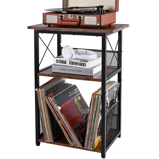 Anlanbor Record Player Stand 3-Tier Turntable Stand with Vinyl Storage Up to 100 Albums,Records Player Table Shelf for Vinyl Records,Rustic Brown Side End Table for Living Room Bedroom
