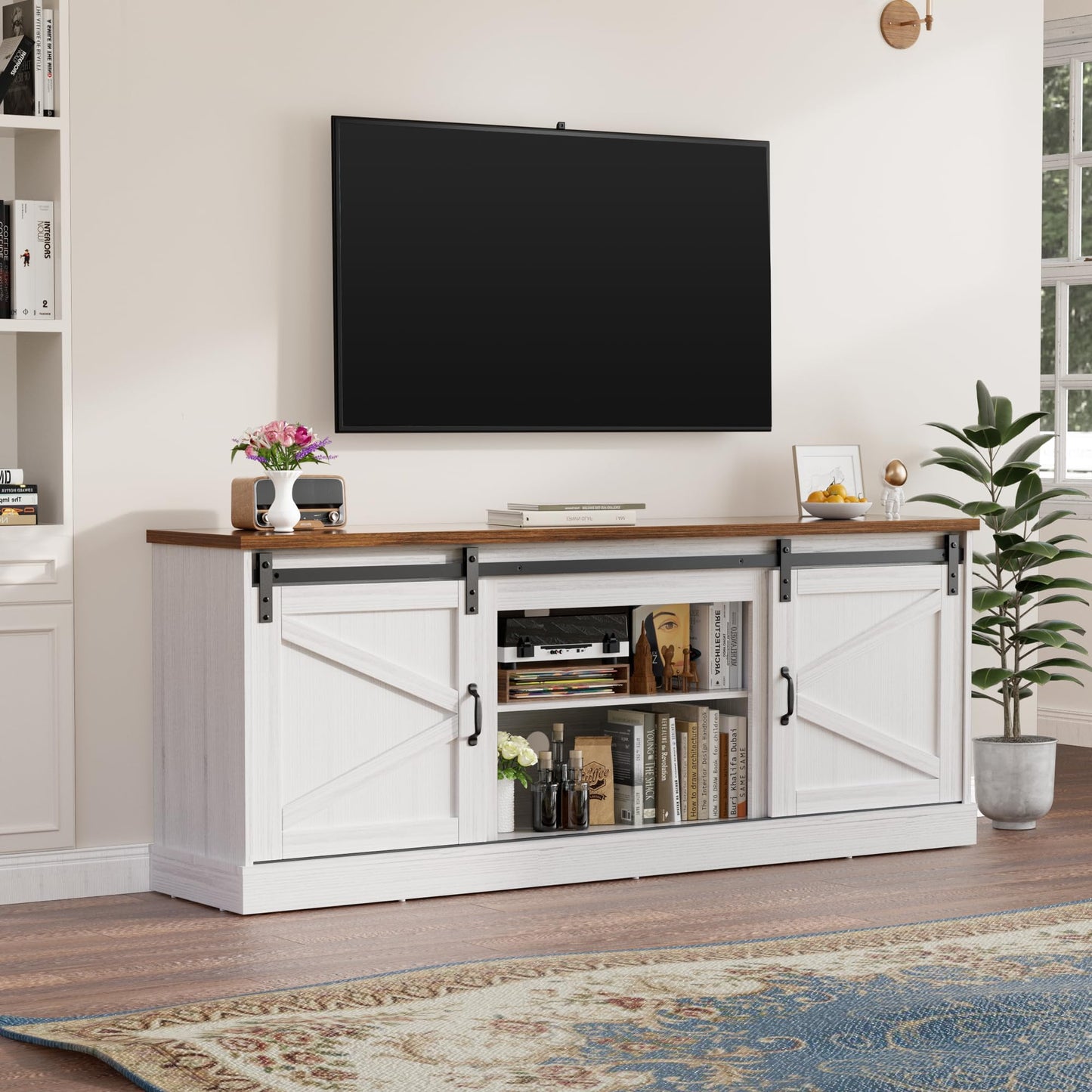 ALAULM Farmhouse TV Stand up to 70/80" TV, Entertainment Center w/Sliding Barn Doors & Storage Cabinets,67" Rustic TV Console with Adjustable Shelf for Living Room,White