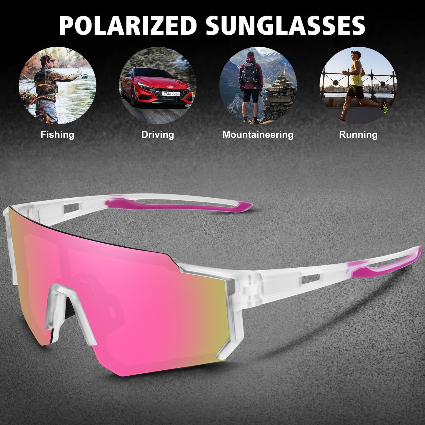 STORYCOAST Polarized Sports Sunglasses for Men Women,Driving Fishing Cycling Mountain Bike Sunglasses UV400 Protection Clear Frame-Pink Mirror Lens
