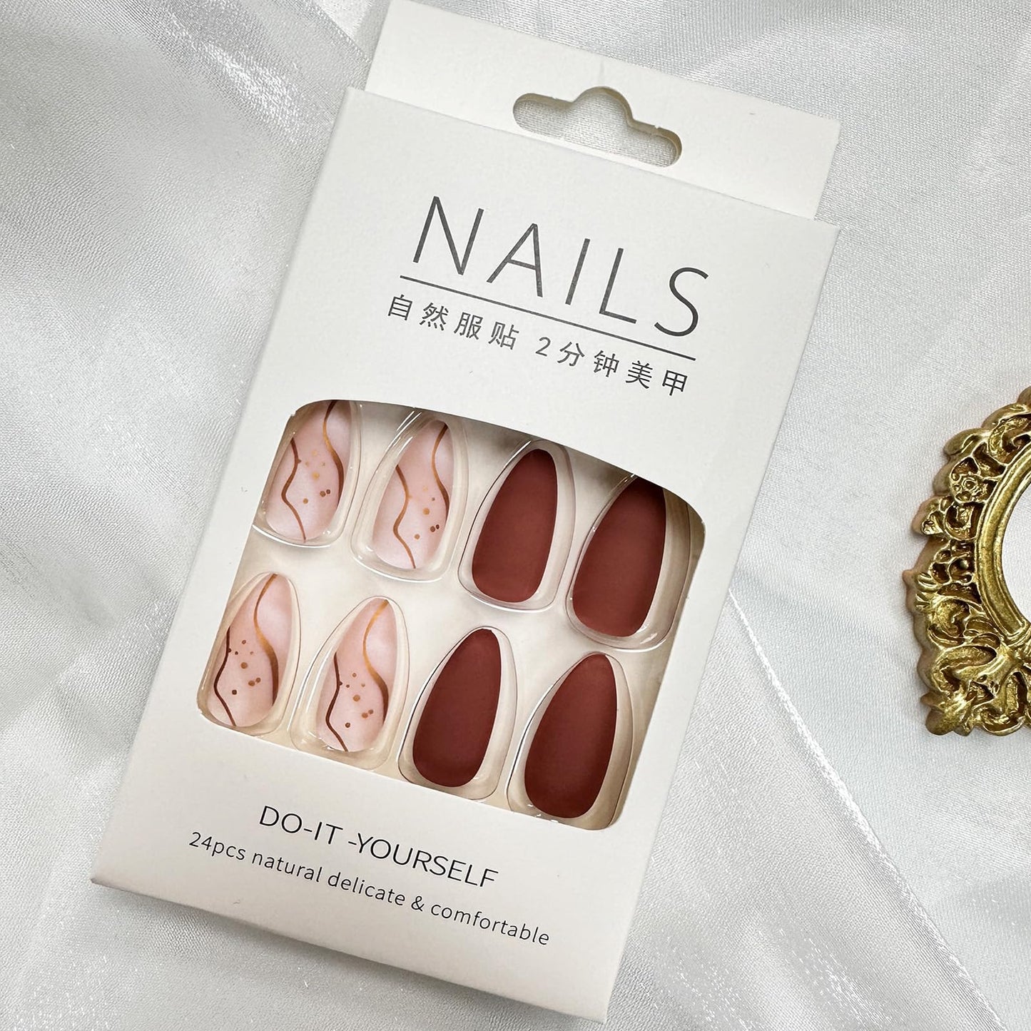 Almond Press on Nails Medium Fake Nails with Designs Brown False Nails Press ons Gold Line Acrylic Glue on Nails Matte Full Cover Cute Artificial Stick on Nails for Women Nails Decorations 24Pcs