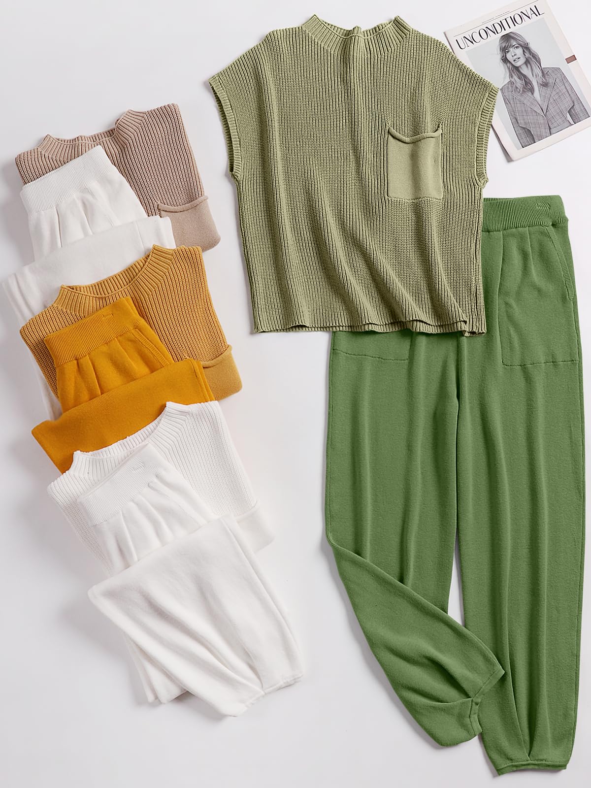ANRABESS Women's Two Piece Outfits Knit Sweater Pullover Crop Top & Pants Lounge Matching Tracksuit Sweatsuit Sets 2024 Trendy Loungewear Clothes Grass X-Small