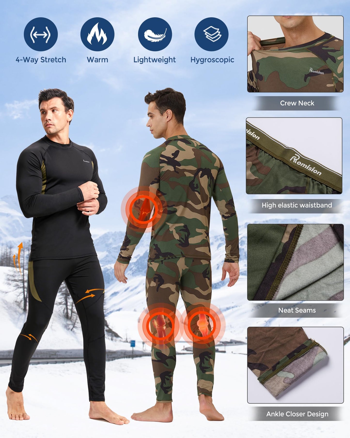 romision Thermal Underwear for Men - 2 Pack Sets Ultra Soft Long Johns - Warm Base Layers with Fleece Lined for Cold Weather