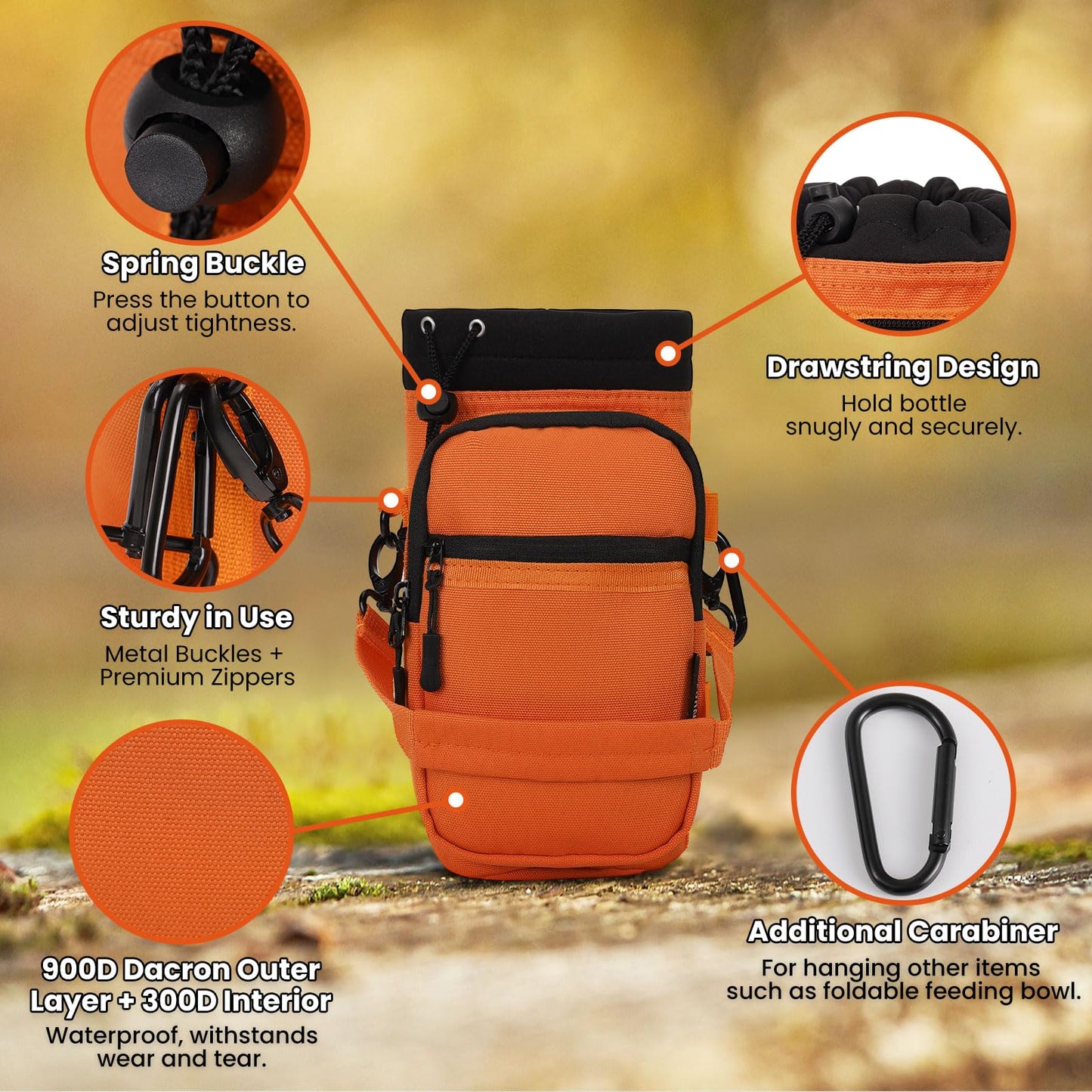 Nuovoware Water Bottle Carrier, 40oz Bottle Carrier Sports Water Bottle Holder with Adjustable Shoulder Strap, 2 Pockets Flask Sling Bag Drawstring Pouch for Hiking, Orange