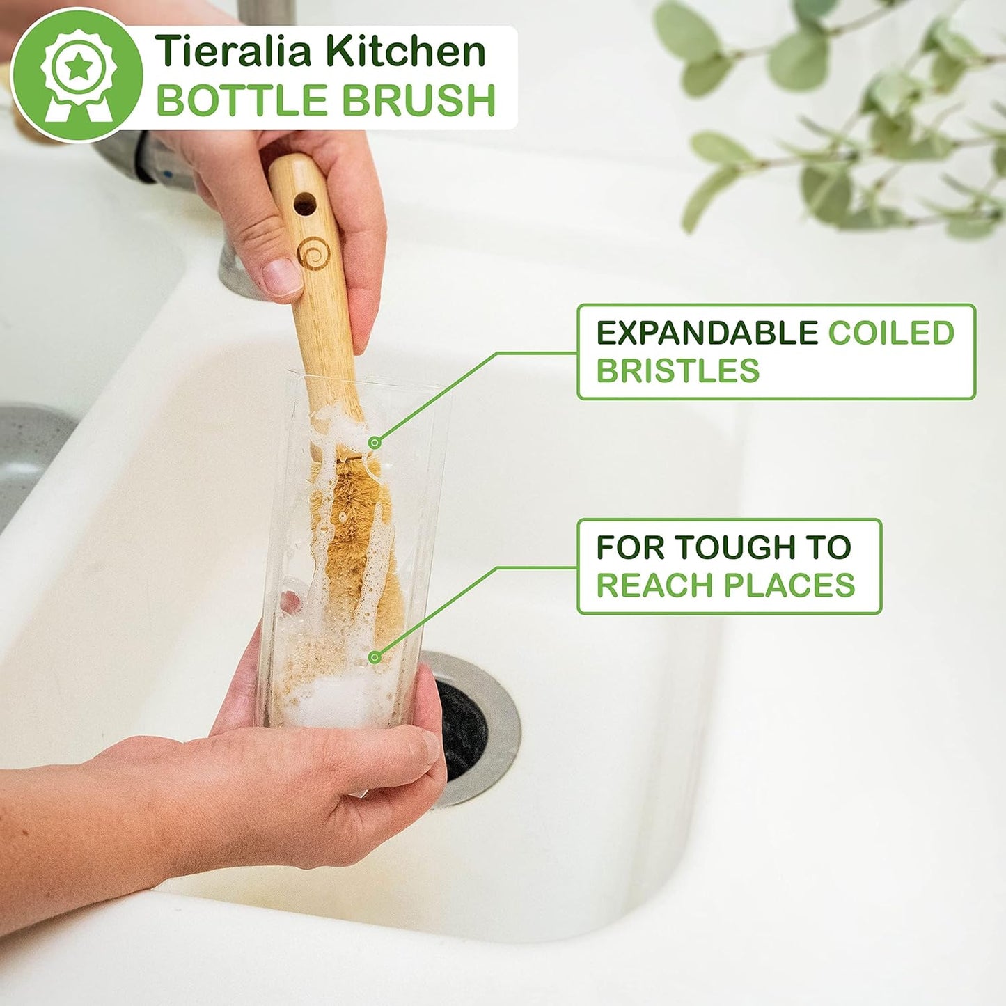 Tieralia 5-Piece Eco-Friendly Bamboo Dish Brush Set with Compostable Wood Pulp Sponges | Bamboo Kitchen Cleaning Set