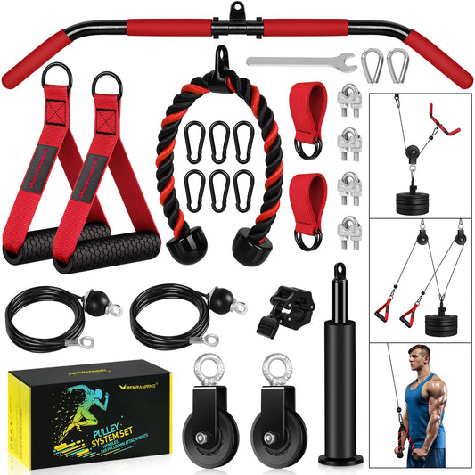 RENRANRING Weight Cable Pulley System Gym, Upgraded Cable Pulley Attachments for Gym LAT Pull Down, Biceps Curl, Tricep, Arm Workouts - Weight Pulley System Home Gym Add On Equipment