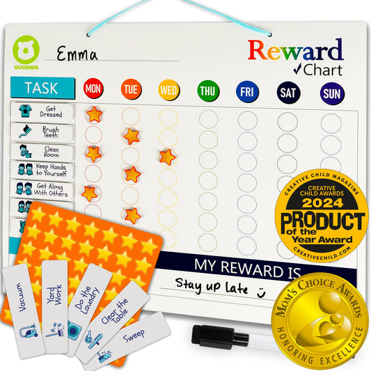 QUOKKA Magnetic Behavior Chore Chart for Kids at Home - Gift Reward Visual Schedule Chart - Dry and Erase Routine and Responsibility - Use 48 Magnets & 49 Stars - From Toddlers to Teens