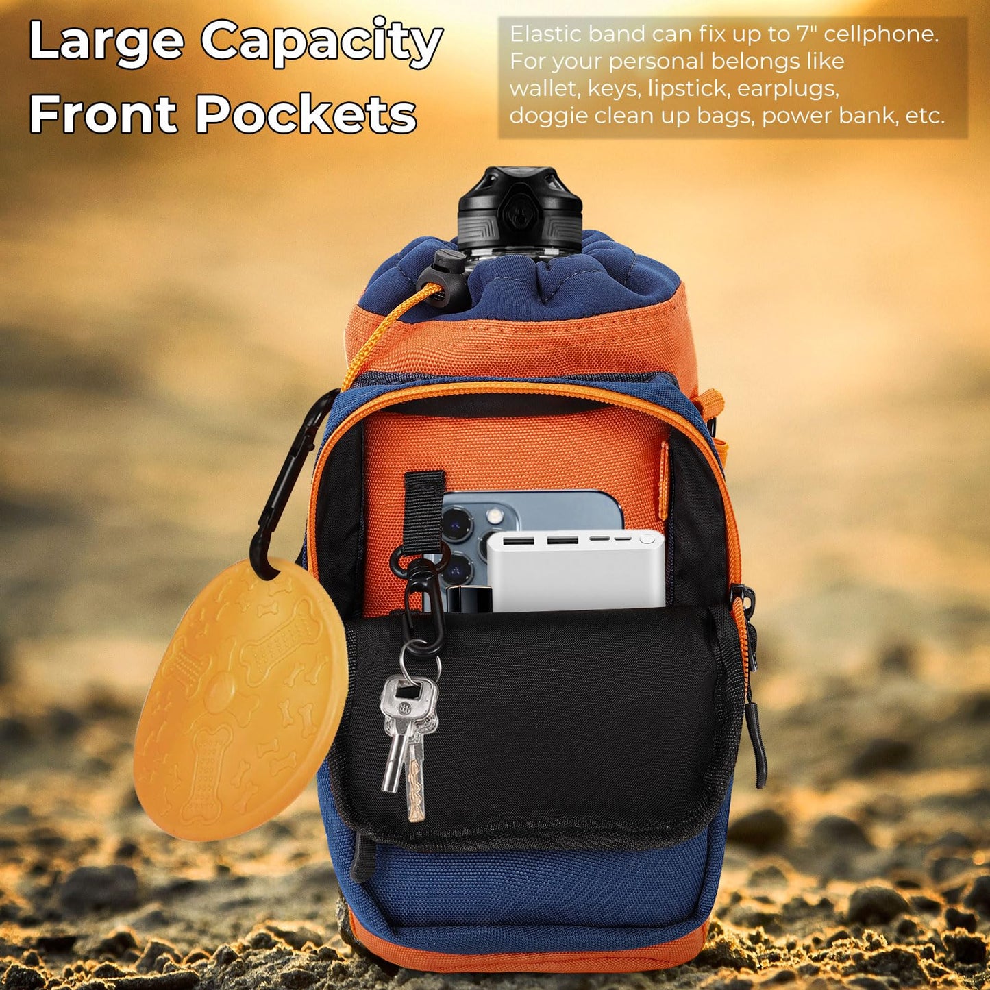Nuovoware Water Bottle Carrier, 40oz Bottle Carrier Sports Water Bottle Holder with Adjustable Shoulder Strap, 2 Pockets Flask Sling Bag Drawstring Pouch for Hiking, Dark Blue+Orange+Grass Green