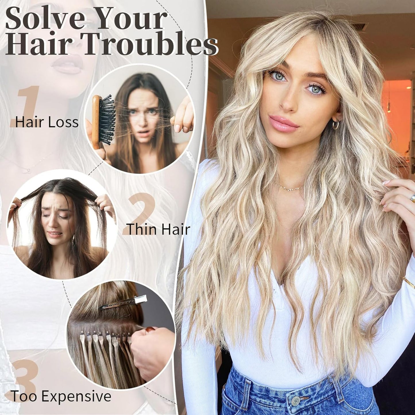 ALXNAN Clip in Long Wavy Synthetic Hair Extension 20 Inch Ash Blonde Mix Highlights 4PCS Thick Hairpieces Fiber Double Weft Hair for Women