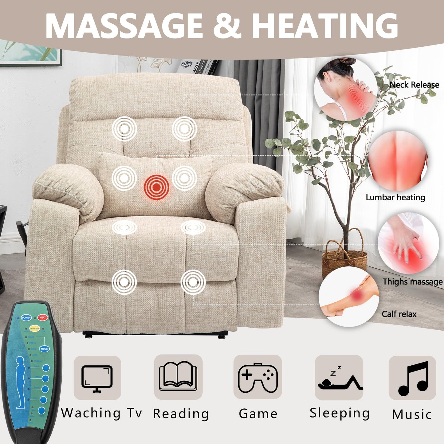 FUNECORP Power Lift Chair Lay Flat Recliner Infinite Position Electric Dual Motor Stand Up Lift Chair with Massage and Heat for Adults,Heavy Duty Recliners with 2 Remote Controls and Two Cup Holders