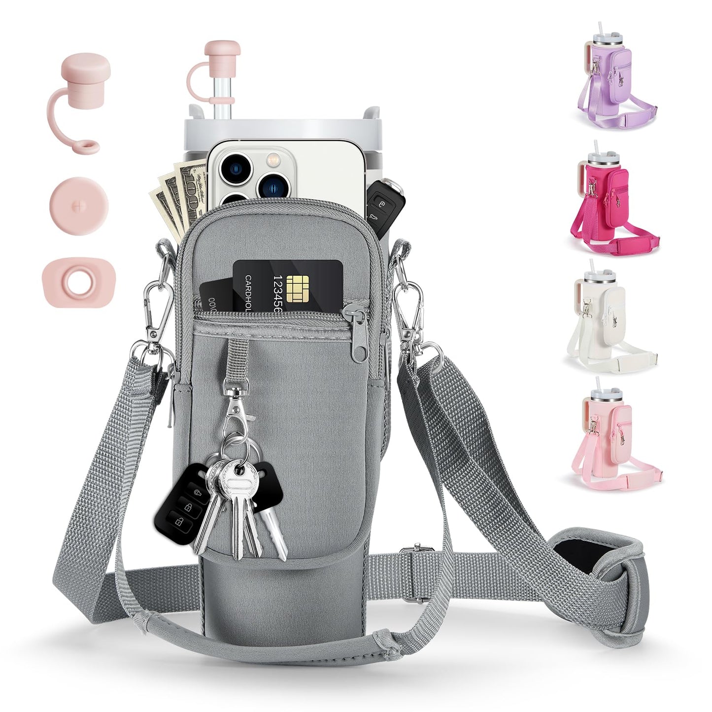 linmaya Water Bottle Carrier Bag with Phone Pocket for Stanley 40/30 oz Tumbler Neoprene Water Bottle Holder Pouch with 2 Adjustable Strap & 3 Leak Stoppers for Stanley Cup Accessories