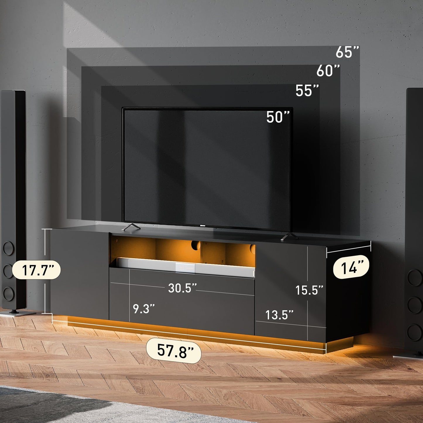 WLIVE TV Stand with LED Lights & Large Storage Cabinet, Modern Entertainment Center for 65 Inchs TV, Sturdy Media Console for Living Room, Bedroom,Gaming(Black)
