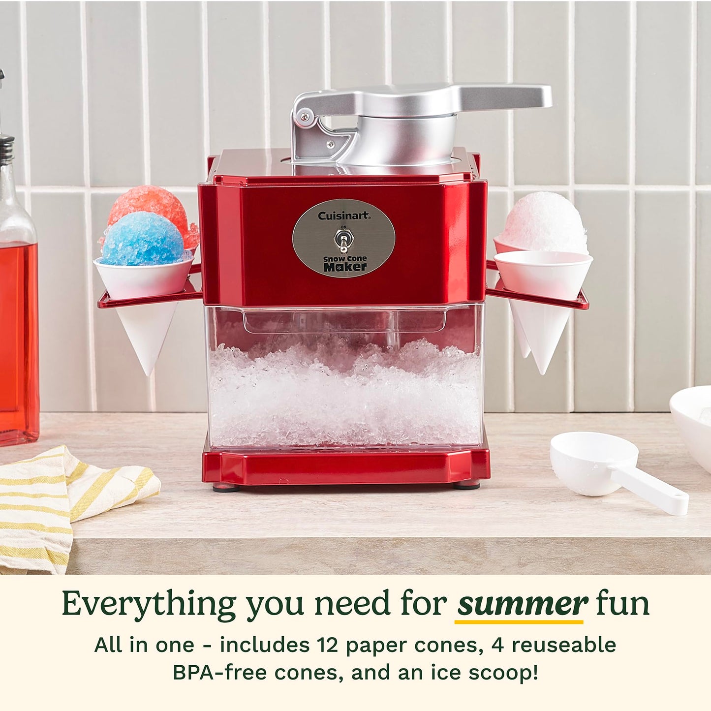 Cuisinart Snow Cone Machine, Home Shaved Ice Maker for Snow Cones, Snow Cone Maker with Reuseable Paper Cups, Makes 5 Icy Cones for Slushies, Frozen Drinks , Red, SCM-10P1