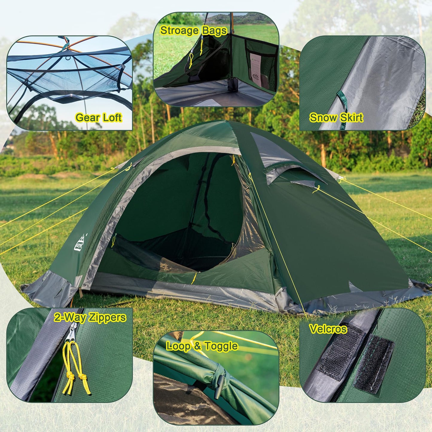 Camppal 2 Person Backpacking Tent, Waterproof 4 Season Tent, Windproof Rainproof Cold Weather Winter Tent for Camping, Hiking, Hunting, Motorbiking, Cycling - Green