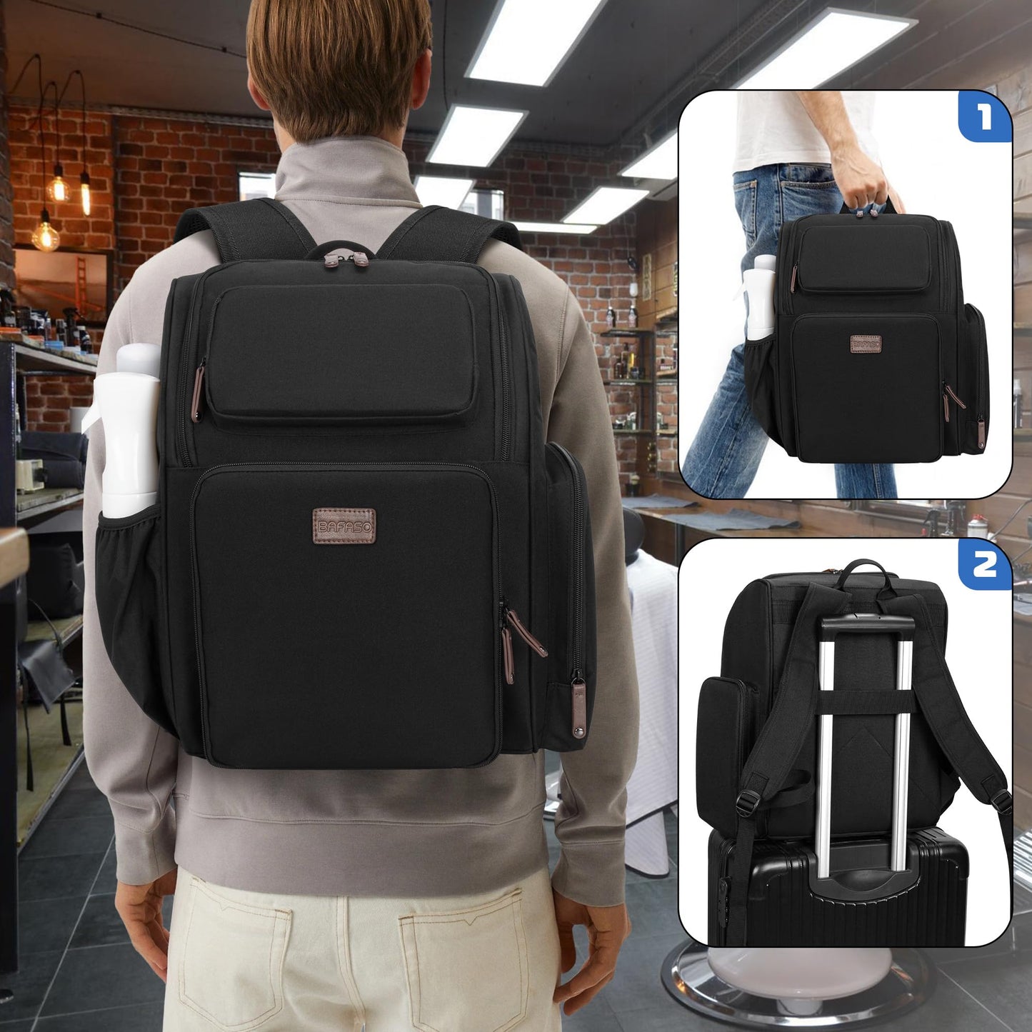 BAFASO Large Capacity Insulated Barber Case with a Semi Detachable Divider and 2 Removable Pouches, Hairstylist Traveling Bag with Multiple Pockets Holds Barber Styling Tools, Black