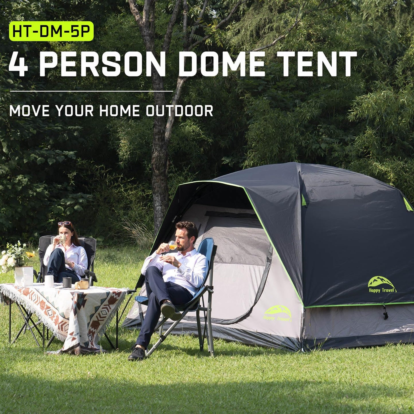 Happy Travel Camping Tent, 4 Person Dome Tents for Camping with Rainfly, Waterproof Clip Easy Setup Portable Family Tent with Mesh Windows, 20% More Headroom Backpacking Tents for Camping & Hiking