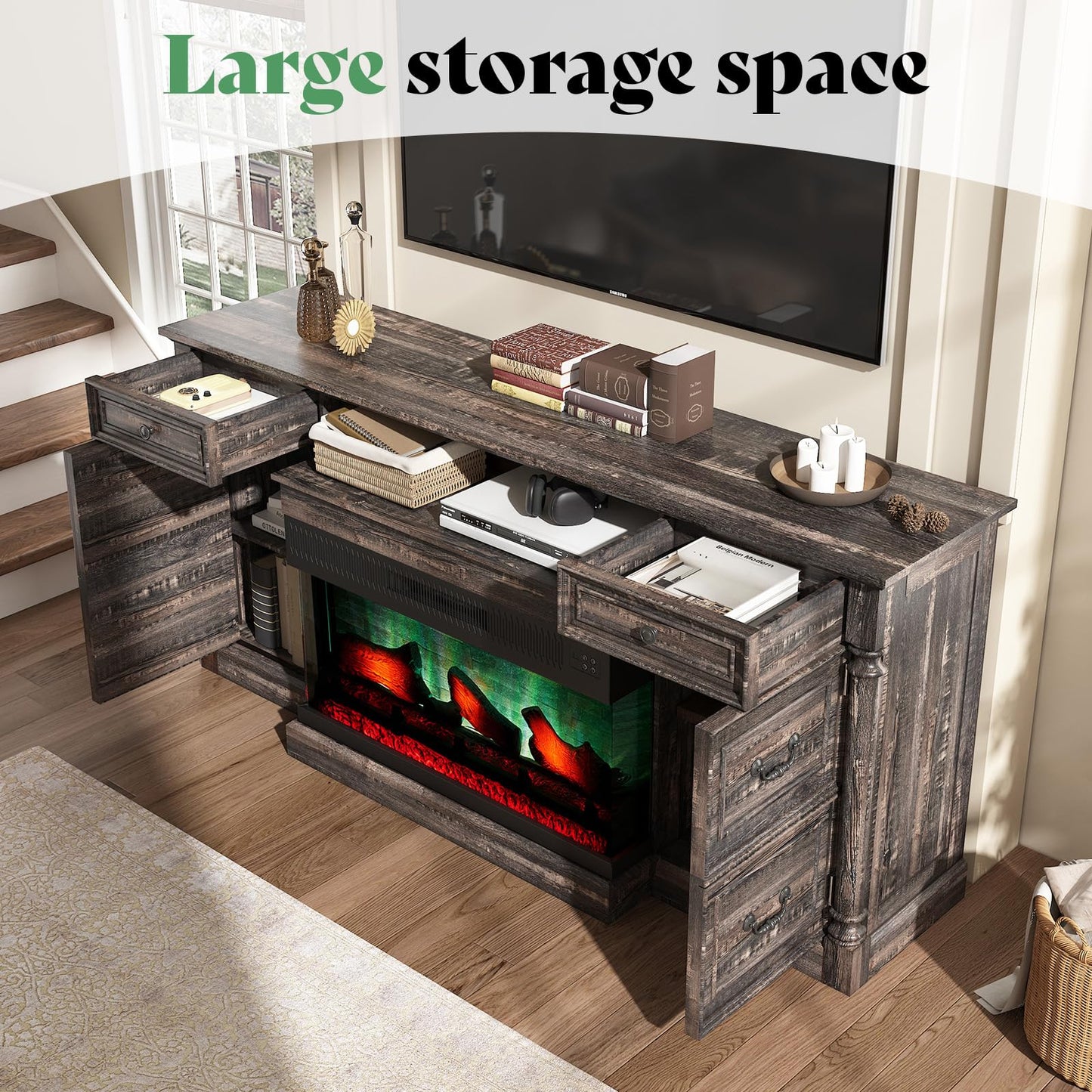 AMERLIFE 75" Fireplace TV Stand, Large TV Stand with 36" Fireplace, Farmhouse Entertainment Center with Solid Wood Roman Column, 2 Drawers & Cabinets Storage, for TVs up to 85", Dark Rustic Oak