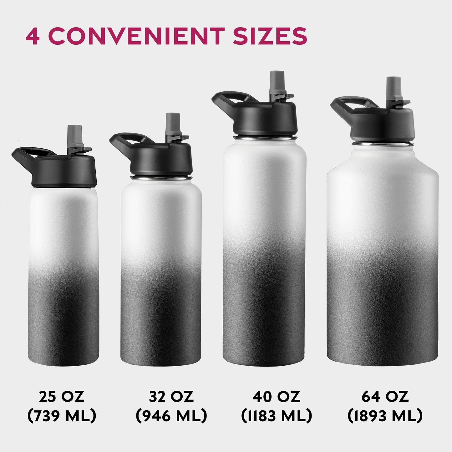 FineDine Triple Walled, Insulated Water Bottles with Straw - 25 Oz Stainless Steel Metal Bottle W/ 3 Leak Proof Lids - For Travel, School, Sports, Gym / Men, Women & Kids - Dreamy Black-White