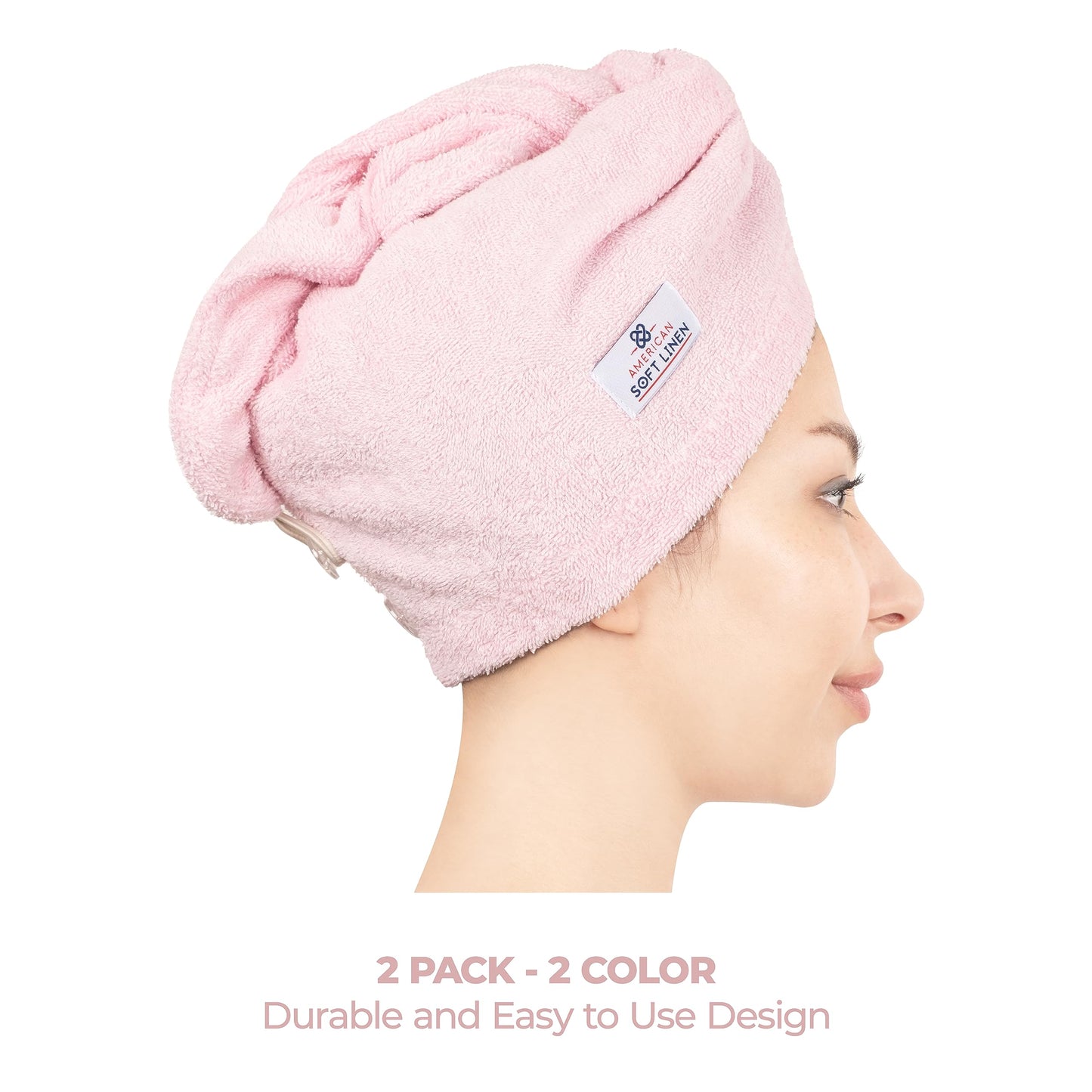 American Soft Linen 100% Cotton Hair Towels for Women, Head Towel Cap, Cotton Hair Turban Towel Wrap for Long Curly Anti Frizz Hair, Soft and Absorbent Cotton Hair Towels 2 Pack, Sky Blue-Pink