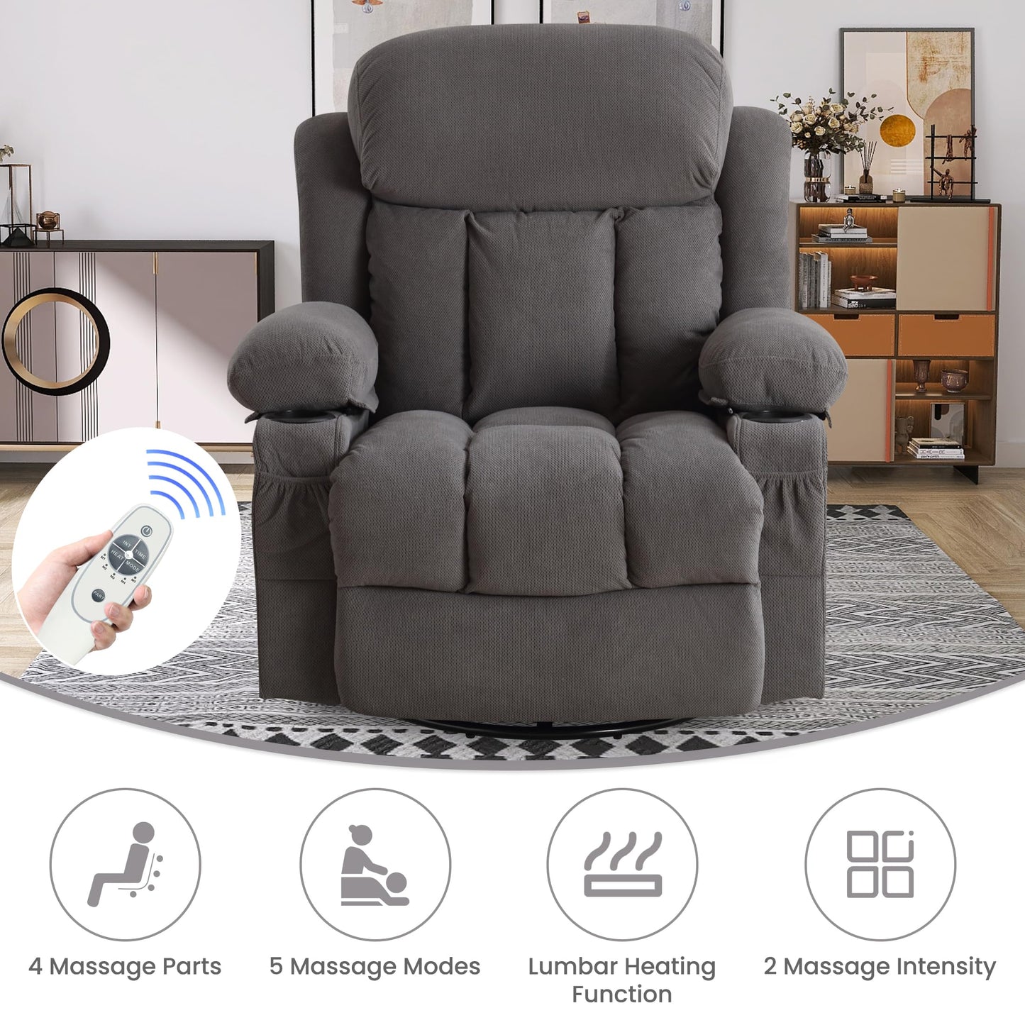 BOSMILLER Rocker Recliner Chair with Heat and Massage, Swivel Recliner Chairs for Living Room, with Cup Holders, Side Pockets and USB,Grey
