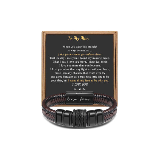 𝐆𝐢𝐟𝐭 𝐟𝐨𝐫 𝐌𝐞𝐧 Braided 𝐋𝐞𝐚𝐭𝐡𝐞𝐫 𝐁𝐫𝐚𝐜𝐞𝐥𝐞𝐭 for Men Dad Husband Boyfriend Son Grandson Brother Stainless Steel Clasp Engraved with Love You Forever Jewelry Birthday Gift 7.5 8.5 9 Inch