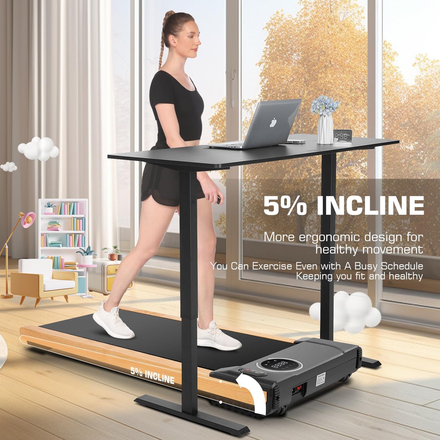 ANCHEER Under Desk Treadmill, Wooden Walking Pad Treadmill with Incline, 2.5HP Portable Treadmills for Home 300 lb Capacity, Smart APP Control Jogging Machine with Remote Control, Installation-Free