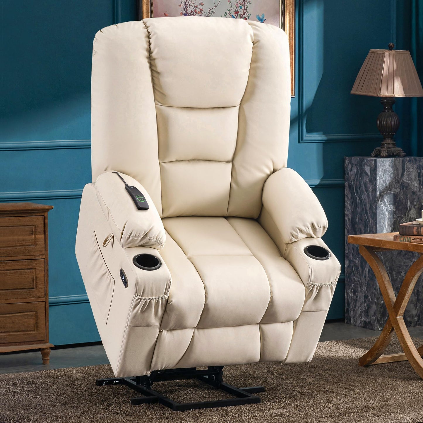MCombo Large Power Lift Recliner Chair Sofa with Massage and Heat for Big and Tall Elderly People, 3 Positions, Cup Holders, and USB Ports, Faux Leather 7539 (Large, Cream White)