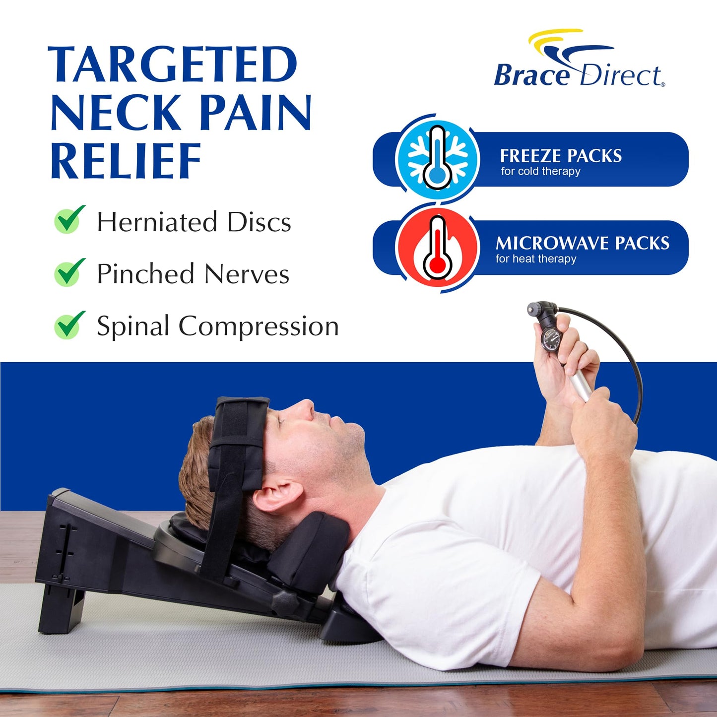 Brace Direct Cervical Traction Device - Spinal Decompression & Neck Pain Relief, Herniated Disc & Spondylosis Support with Hot Cold Therapy - E0849 (Portable - Adjustable Traction up to 40 lbs)