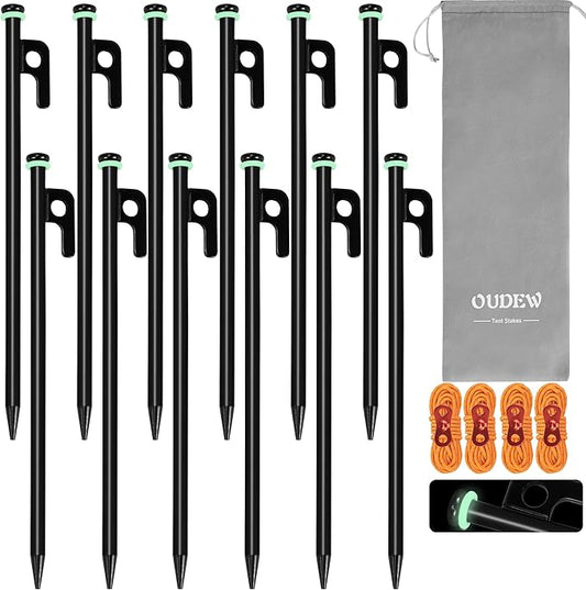 10 inch Tent Stakes Heavy Duty 12 PCS Camping Tent Stakes for Yard and Ground with Reflective Camping Ropes and Pegs Bag(Black)