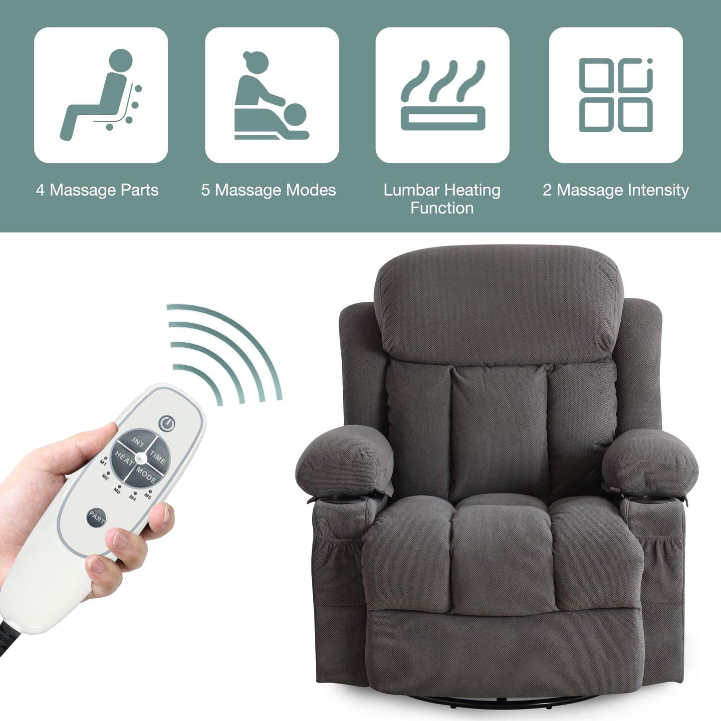 BOSMILLER Massage Recliner Chair, Swivel and Rocking Recliner with Heat and Vibration, Breathable Fabric Ergonomic Single Sofa Chair for Living Room with Cup Holders, Side Pockets and USB (Grey)