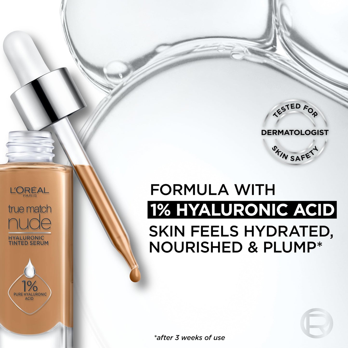 L'Oreal Paris True Match Nude Hyaluronic Tinted Serum Foundation with 1% Hyaluronic acid, Tan 6-7, 1 fl. oz.
