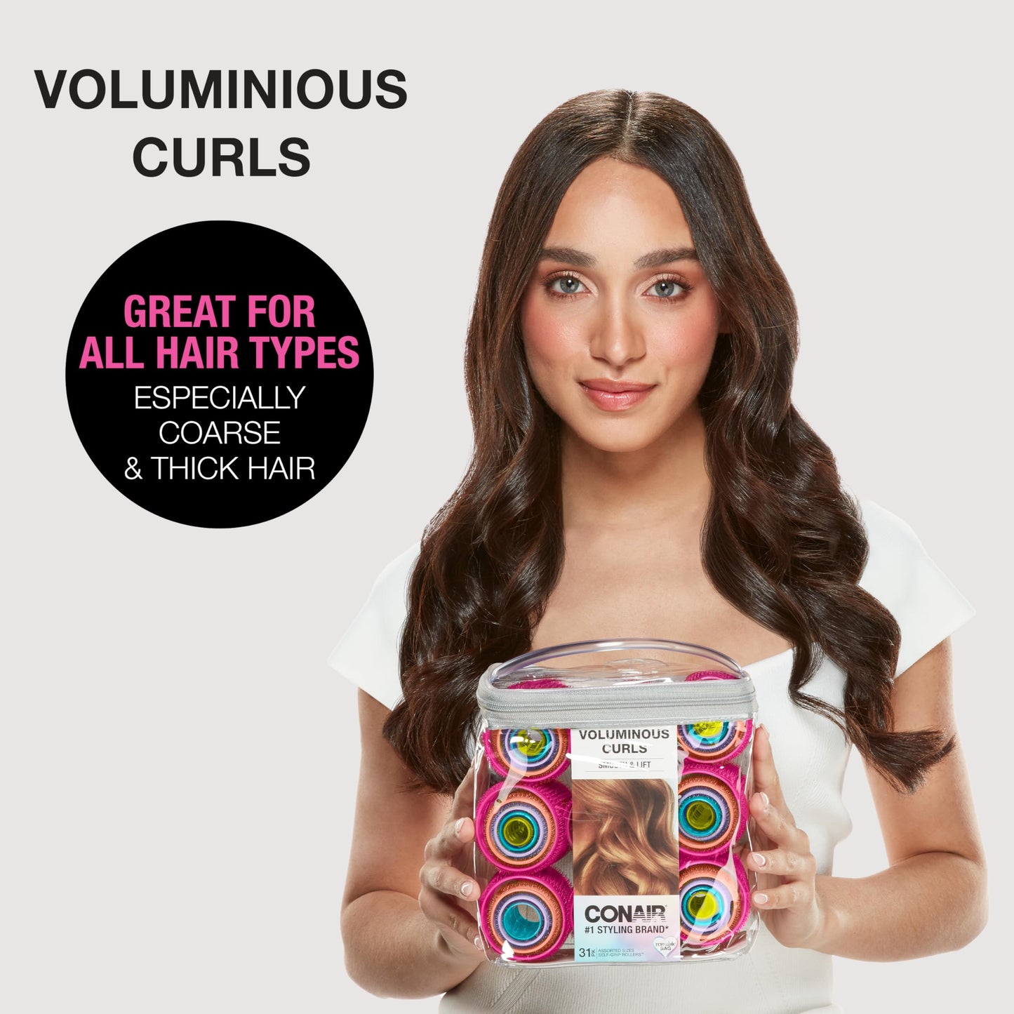 Conair Heatless Curlers- heatless curls overnight - Hair Rollers for Lift & Volume - Assorted Sizes and Colors - 31 Count w/storage