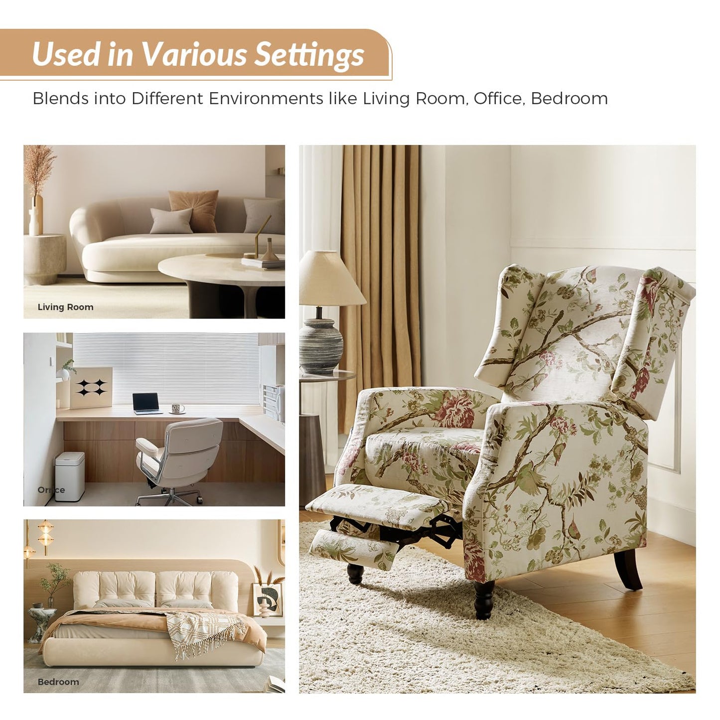 HULALA HOME Wingback Recliner Chair, Traditional Push Back Recliner Single Sofa Chair with Solid Wood Legs, Modern Lounge Armchair for Living Room, Comfy Upholstered Accent Reclining, Bird