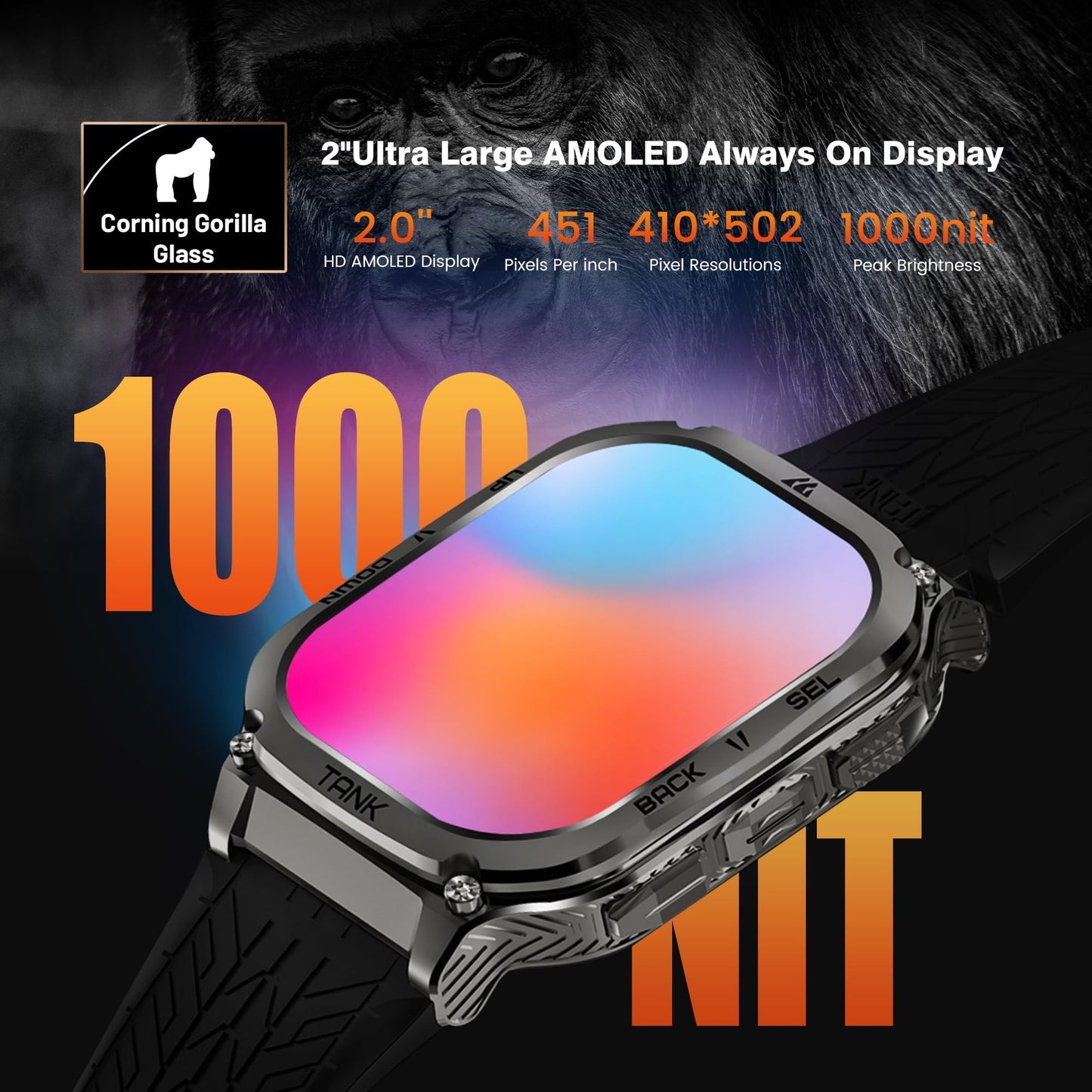 AMAZTIM Smart Watch, 60 Days Extra-Long Battery, 5ATM Waterproof Swimming Diving, Full Metal Military Grade, Answer/Make Call, 2" AMOLED Display, Health Monitor Compatible for iPhone and Android