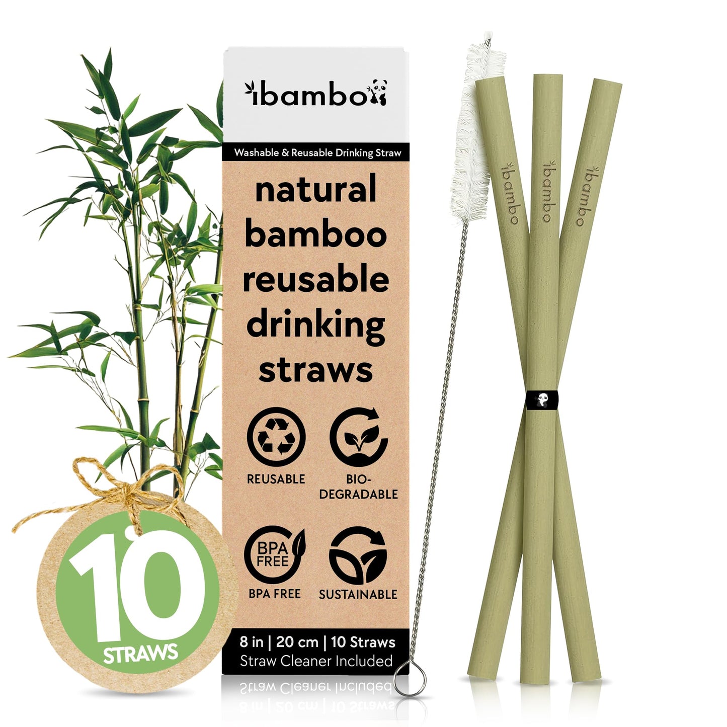 100% Bamboo Straws (10-Pack) - Biodegradable & Compostable 8 Inch Reusable Straws with Cleaner | FSC Certified, Eco Friendly | Hand Wash & Dishwasher Safe | For Hot & Cold Drinks