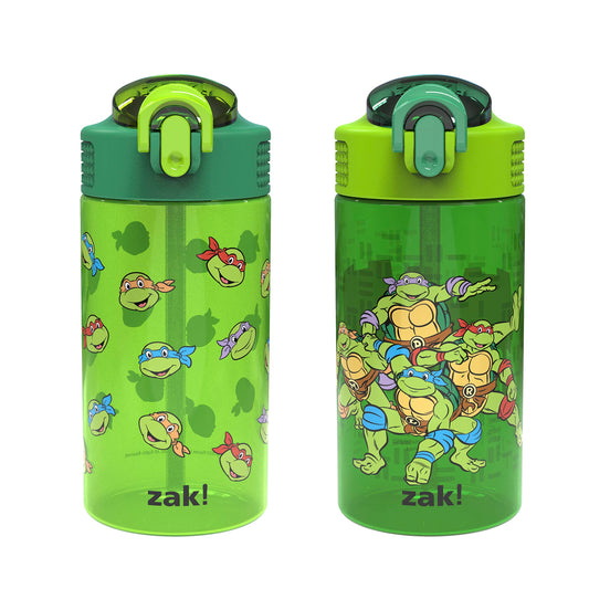 Zak Designs Teenage Mutant Ninja Turtles Kids Water Bottle For School or Travel, 16oz 2 Count (Pack of 1) Durable Plastic Water Bottle With Straw, Handle, and Leak-Proof, Pop-Up Spout Cover (TMNT)