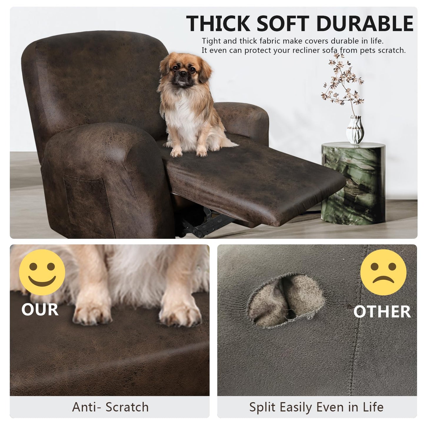 ANARACHON Leather Like Recliner Chair Covers Heavy Duty, 4 Pieces Lazy Boy Recliner Cover for Recliner Chair, Leather Cover for Recliner slipcovers Washable for Pets (Dark Brown)