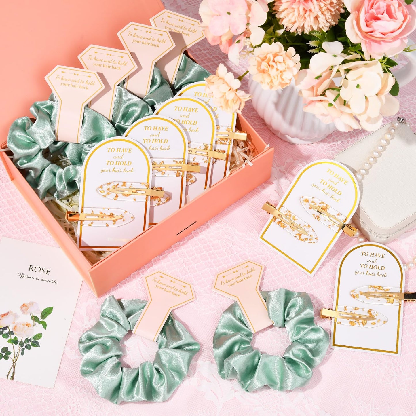 Aileam 12 PCS Hair Accessories Bridesmaid Proposal Gifts, Including Gold Glitter Bridesmaid Hair Clips and Silk Satin Soft Bridesmaid Hair Scrunchies, Women's Wedding Favor