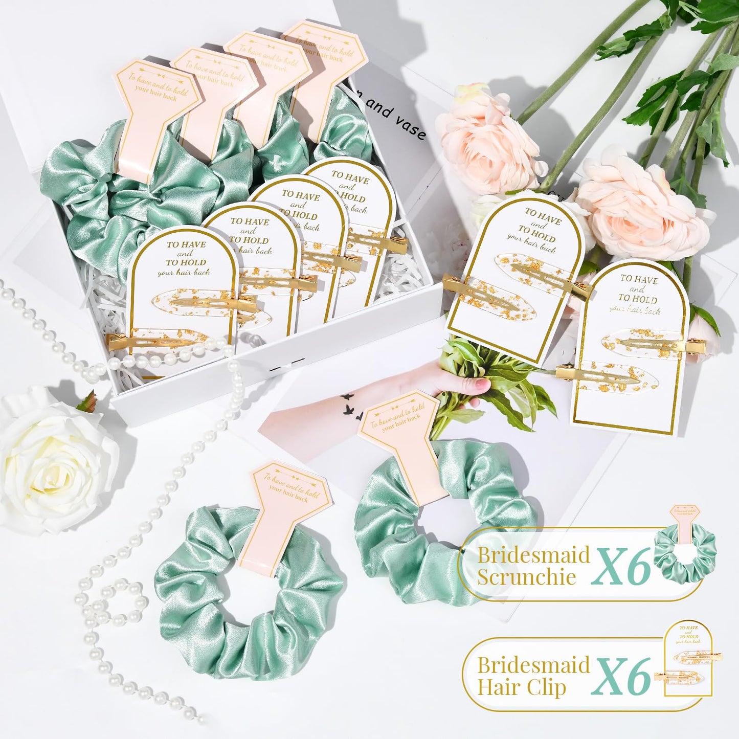 Aileam 12 PCS Hair Accessories Bridesmaid Proposal Gifts, Including Gold Glitter Bridesmaid Hair Clips and Silk Satin Soft Bridesmaid Hair Scrunchies, Women's Wedding Favor