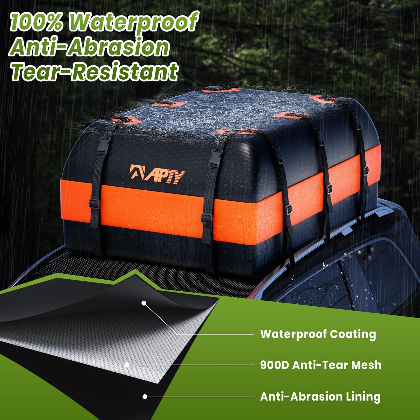 APTY 21 Cubic Feet Car Rooftop Cargo Bag Carrier, Soft Roof Top Luggage Bag for All Vechicles with/Without Racks - with Waterproof Zip, Luggage Lock, Anti-Slip Mat, Storage Bag, Door Hooks