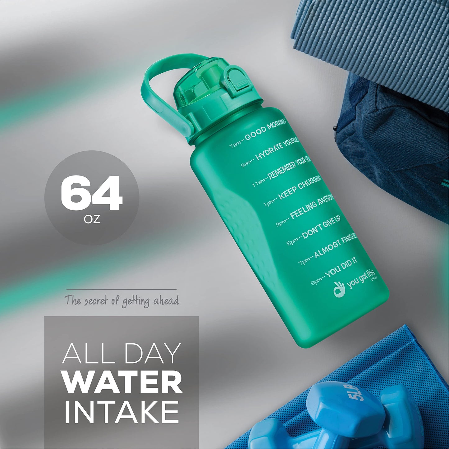 YOU GOT THIS LIVING Motivational Water Bottle with Time Marker,Half Gallon Water bottle with Straw 64 oz/2.2L Gym Water Bottle, Achieve All-Day Hydration SpillProof, BPA FREE
