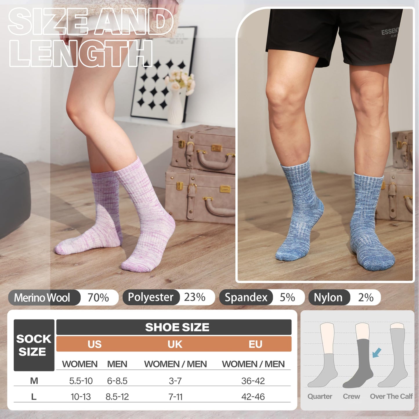 Anlisim Merino Wool Warm Boot Hiking Socks Thermal Extra Thick Winter Cozy Crew Comfy Cushioning Work Women Men Socks 4 Pairs(Color Mix,M)