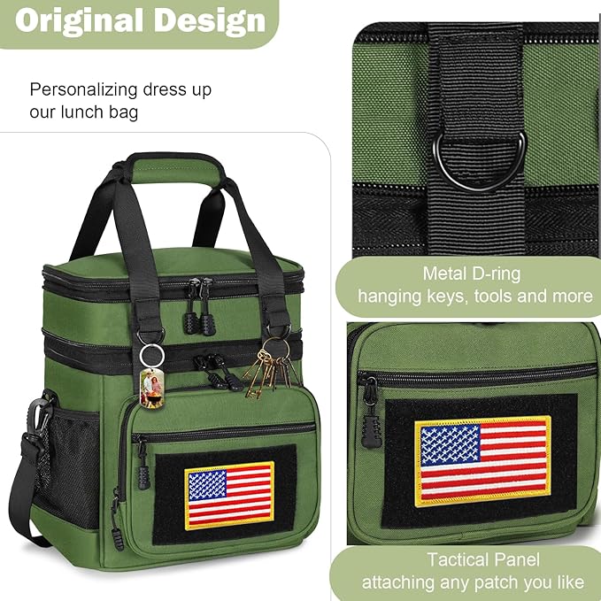Double Deck Insulated Lunch Box, Expandable XLarge Lunch Bag Leakproof Cooler Bag Lunch Pail for Men Women Adults Work Shifts Travel Daytrip,22L,Army Green