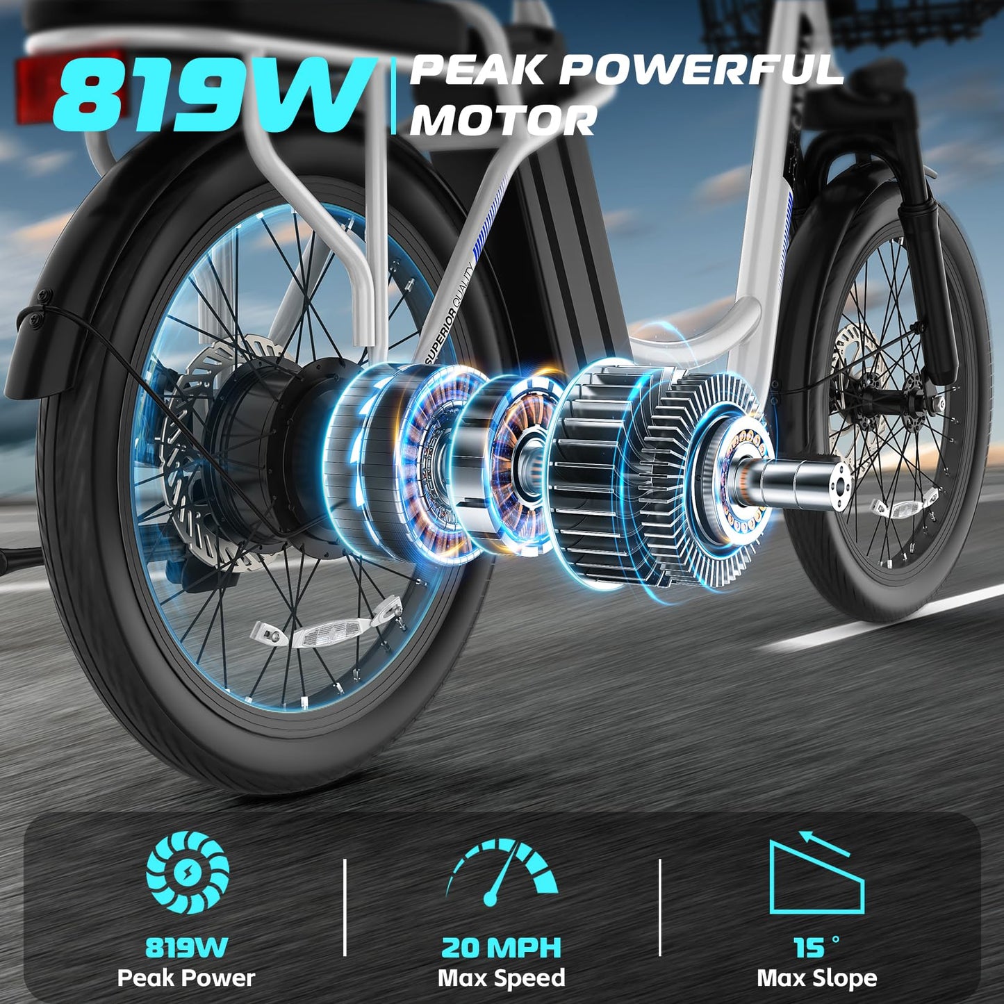 Carom Peak 819W Electric Bike for Adults, 48V Removable Battery, Up to 25Miles&20MPH, 20" Fat Tire Electric Scooter with Basket&Adjustable Seat, Foldable Adult Electric Bicycle for Commuting (White)